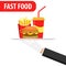 Hand holds on a fast food tray. Fast food banner. Hamburger, soda