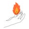 Hand holds fire flame one line art, hand drawn burning balefire. Glowing bonfire continuous contour. Minimalistic art drawing.