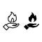 Hand holds fire line and glyph icon. Palm and fire vector illustration isolated on white. Flame in palm outline style