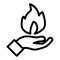 Hand holds fire line icon. Palm and fire vector illustration isolated on white. Flame in palm outline style design