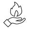Hand holds fire thin line icon. Palm and fire vector illustration isolated on white. Flame in palm outline style design