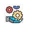 Hand holds a gears, tech development, engineering, technology color line icon.