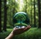 A hand holds a glass globe, its surface reflecting a vibrant green landscape.