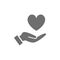 Hand holds heart, care, kindness charity, donation grey icon.