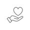 Hand holds heart, care, kindness charity, donation line icon.