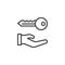 Hand holds home keys line icon