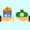 Hand holds house and key on finger and giving, receiving money bag with golden coins from other hand. Concept for home agent.