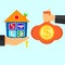 Hand holds house and key on finger and giving, receiving money bag with golden coins from other hand. Concept for home agent.