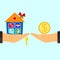 Hand holds house and key on finger and giving, receiving money golden coin from other hand. Concept for home agent, sale and rent.