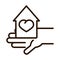 Hand holds house love charity donation line icon