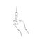 hand holds medical syringe upright vaccine outline drawing on white background hand drawn vector illustration