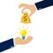 Hand holds money, hand holds light bulb. Buy idea, investing in innovation
