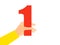 Hand holds number one on a white background. Vector