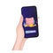 A hand holds a phone with a cashback application. Pink piggy bank in the form of a pig with gold coins. Piggy bank for
