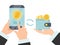 Hand holds phone and wallet with money and bitcoin. Cryptocurrency technology concept. Bitcoin exchange for cash