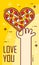 Hand holds a pizza in the shape of heart. Vector banner for fast food. Thin line flat design