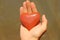 The hand holds a red or terracotta heart made of natural stone. Heart in hand. A stone in the shape of a heart. Love talisman, zen