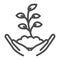 Hand holds small plant with many leaves line icon, Ecology concept, sprout growing in ground sign on white background