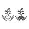 Hand holds small plant with many leaves line and solid icon, Ecology concept, sprout growing in ground sign on white