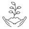 Hand holds small plant with many leaves thin line icon, Ecology concept, sprout growing in ground sign on white