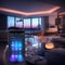 A hand holds a smartphone with a home automation app in a luxurious smart home interior at twilight with a scenic view outside
