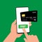 A hand holds a smartphone with a pay button and a credit card. Pay online using your smartphone. Shopping online. EPS 10