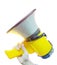 Hand holds soviet yellow-white megaphone on isolated background