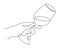 Hand holds wine clinking glass one line art,continuous drawing contour.Cheers toast festive hand drawn decoration for holidays,