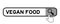 Hand icon over magnifier to find word vegan food in search banner on white background