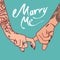 Hand image with tattoos of a young couple clasped with index fingers with the words ` Marry me`