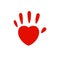 Hand imprint, heart palm vector logo. Family love, red icon.