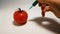 Hand injects a syringe with green liquid gmo in a tomato on a white background