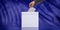 Hand inserting an envelope in a white blank ballot box on blue abstract background, copy space. 3d illustration