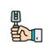 Hand with instrument for eye examination flat color line icon.