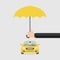Hand insurer with an umbrella that protects the car
