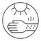 Hand with irritate skin and sun thin line icon, Allergy concept, Allergy to sunburn sign on white background, sensitive