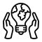 Hand keep global bulb icon, outline style