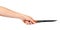 Hand with kitchen knife, home utensil, wooden handle