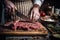 Hand with knife cuts meat. Chef butcher cutting raw beef meat on on wooden board in kitchen, Generative AI