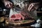 Hand with knife cuts meat. Chef butcher cutting raw beef meat on on wooden board in kitchen, Generative AI