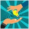 Hand and lamp. The Vector Illustration is showing the concept of transfer of knowledge or ideas.