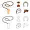 Hand lasso, cowboy, horseshoe, whip. Rodeo set collection icons in cartoon,outline style vector symbol stock