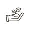 Hand with leaf plant sprout. Vector thin line icon outline illustration. Sustainability, environment, bio organic products and