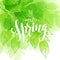 Hand lettered style spring design on watercolor leaf background. Spring Time hand drawn calligraphy letters.