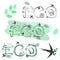 Hand lettering ECO, decorative green leaves. Drawn letters. Spots, dotted strokes. Vector illustration in outline style, on green