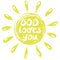 Hand lettering God loves you, made in a yellow circle with rays. Biblical background. Christian poster.