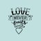 Hand lettering Love never fails with heart on blue background