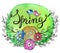 Hand lettering word Spring with floral wreath and two birds