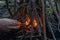 A hand lighting a bonfire with matches