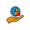 Hand lineal color icon and people, laptop, earth. Business online symbol